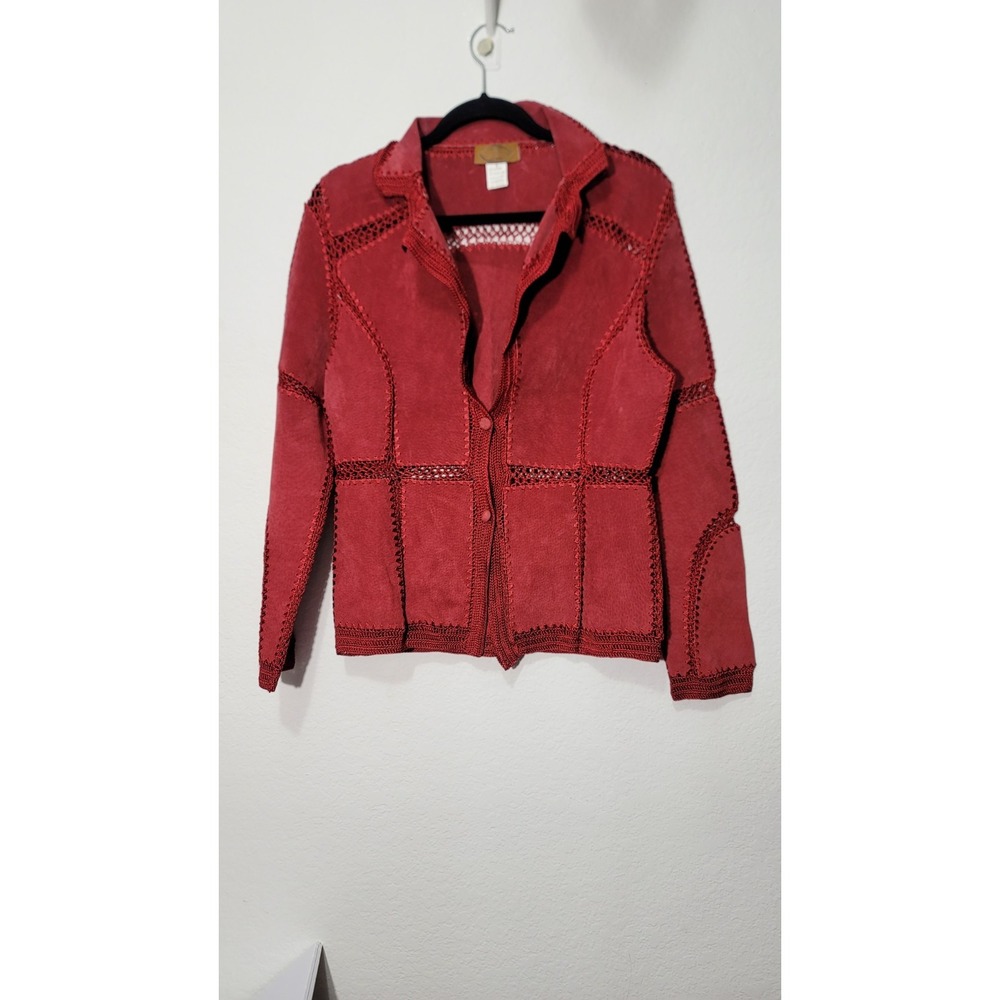 S.M.H. Boutique Red Suede Leather & Crochet w/ Beads Jacket Top SZ S
